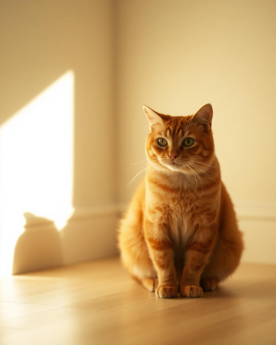 Eine ruhige rote Katze sitzt in einem warmen Nachmittagslichtstrahl auf einem Holzboden